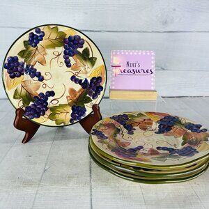 Tabletops AUTUMN LEAVES Grapes Hand Crafted Ceramic Salad Lunch Plates Set 4